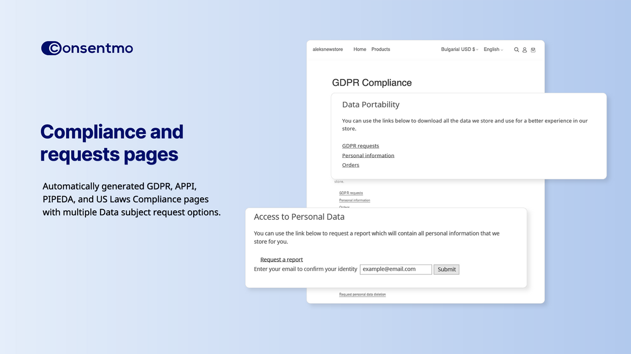 Páginas de Cumplimiento de Consentmo GDPR, APPI, PIPEDA y leyes de EE. UU.