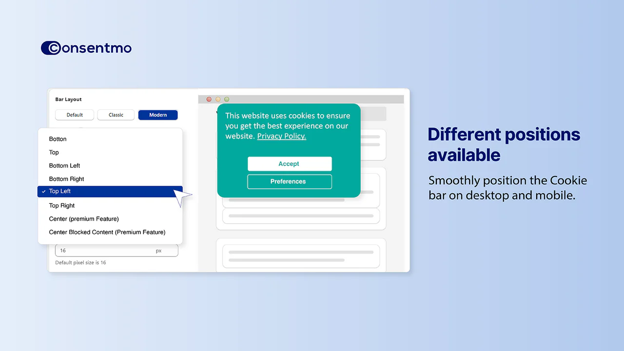 Consentmo Cookie bar Customization screen for desktop and mobile