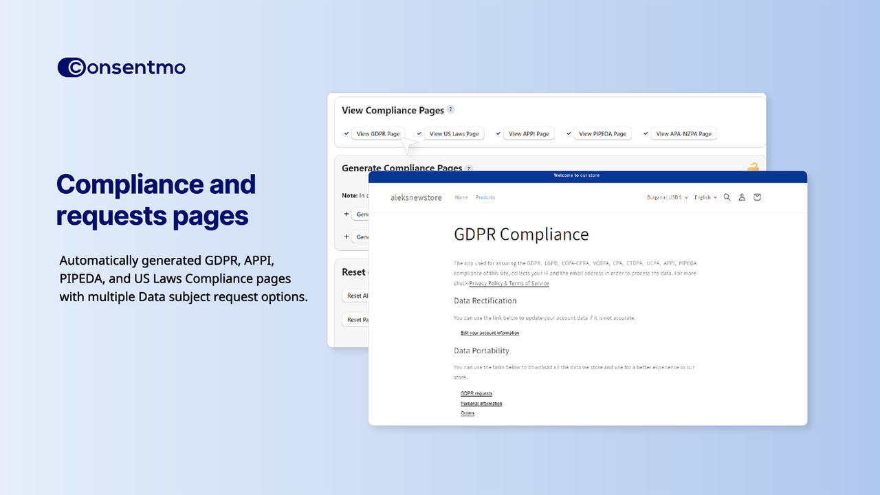 Pages de conformité GDPR, APPI, PIPEDA et lois américaines de Consentmo.