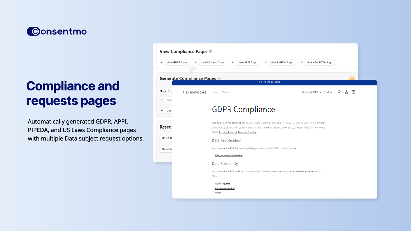 Consentmo GDPR, APPI, PIPEDA and US laws Compliance pages.