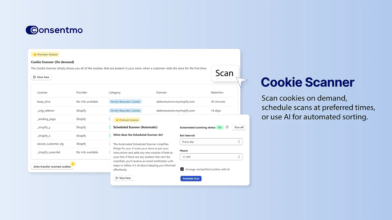 Consentmo Cookie Scanner for compliance and transparency.