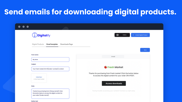 Skicka e-post för nedladdning av digitala produkter.