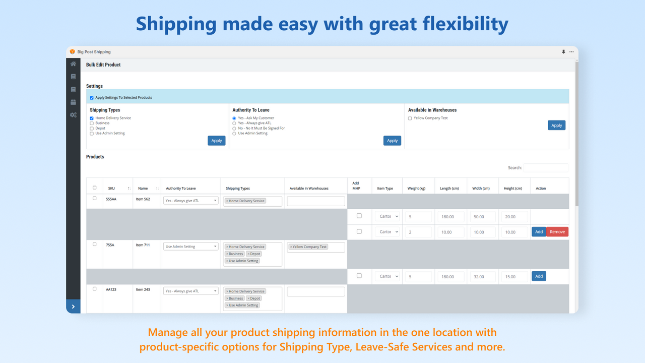 Managing product-specific settings and dimensions.