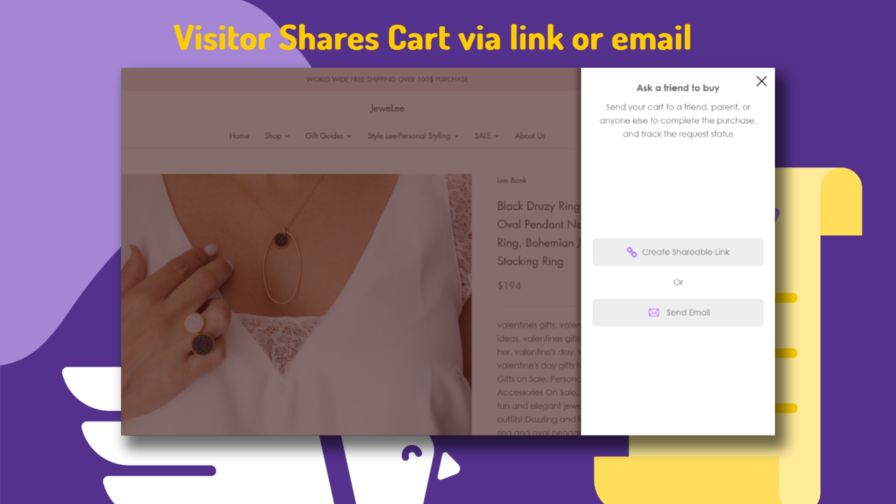 Visitor can share the filled cart via email or link