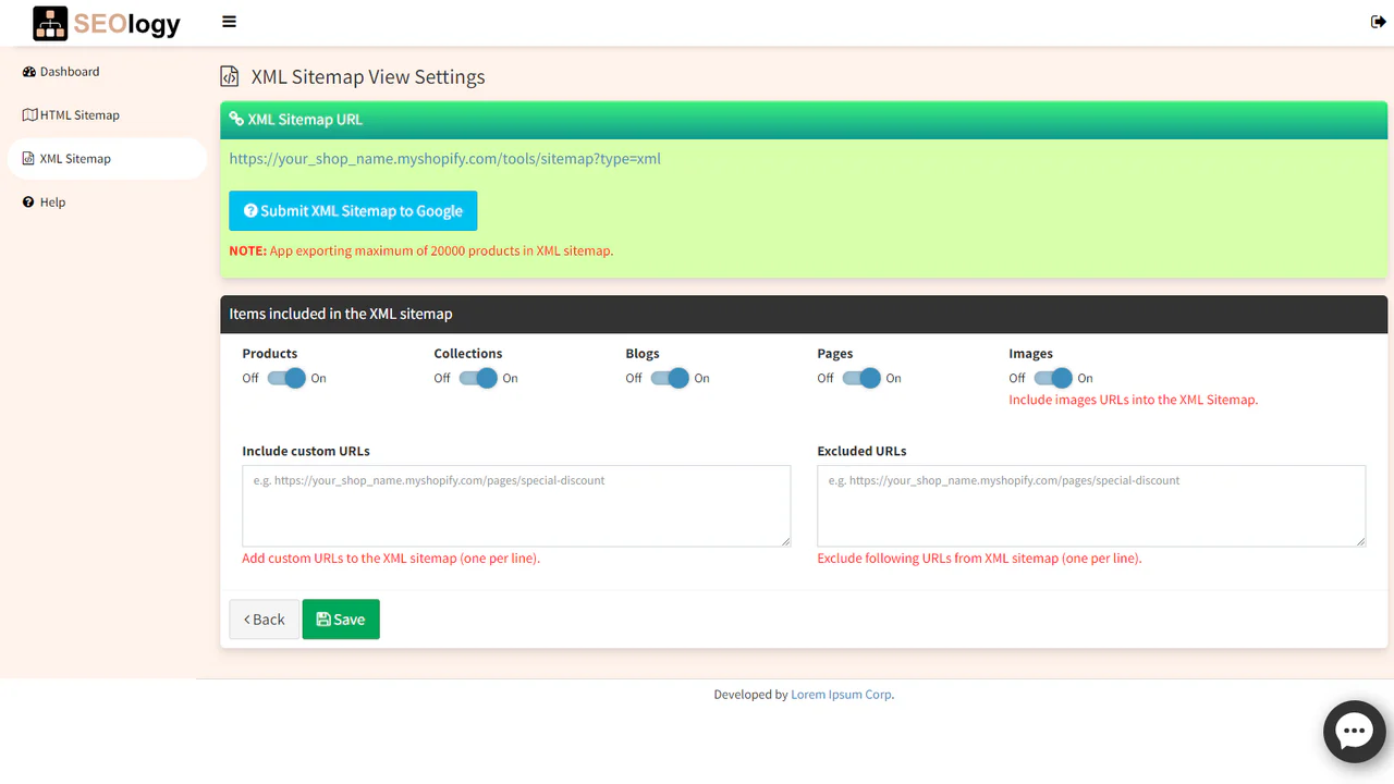 The XML sitemap settings.