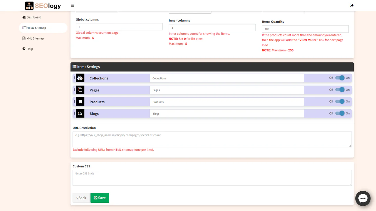 As configurações do mapa de site HTML.