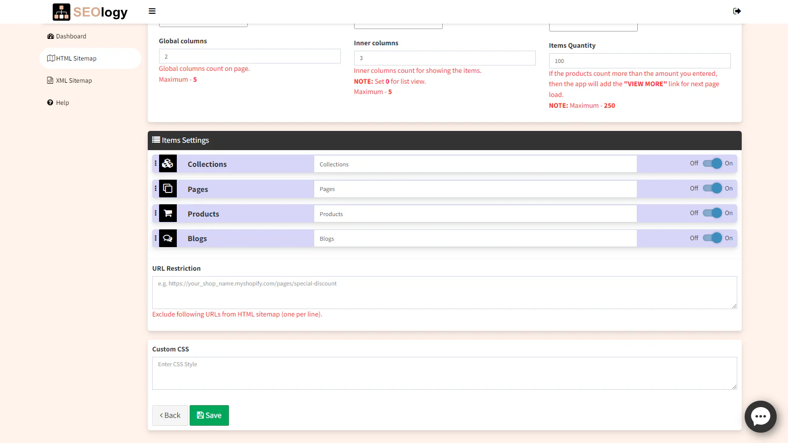 Indstillingerne for HTML sitemap.