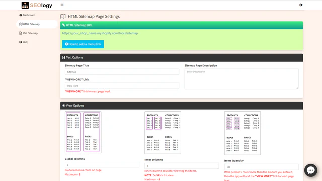 De instellingen van de HTML sitemap.