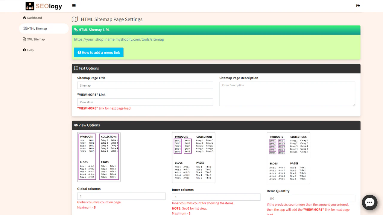 Indstillingerne for HTML sitemap.