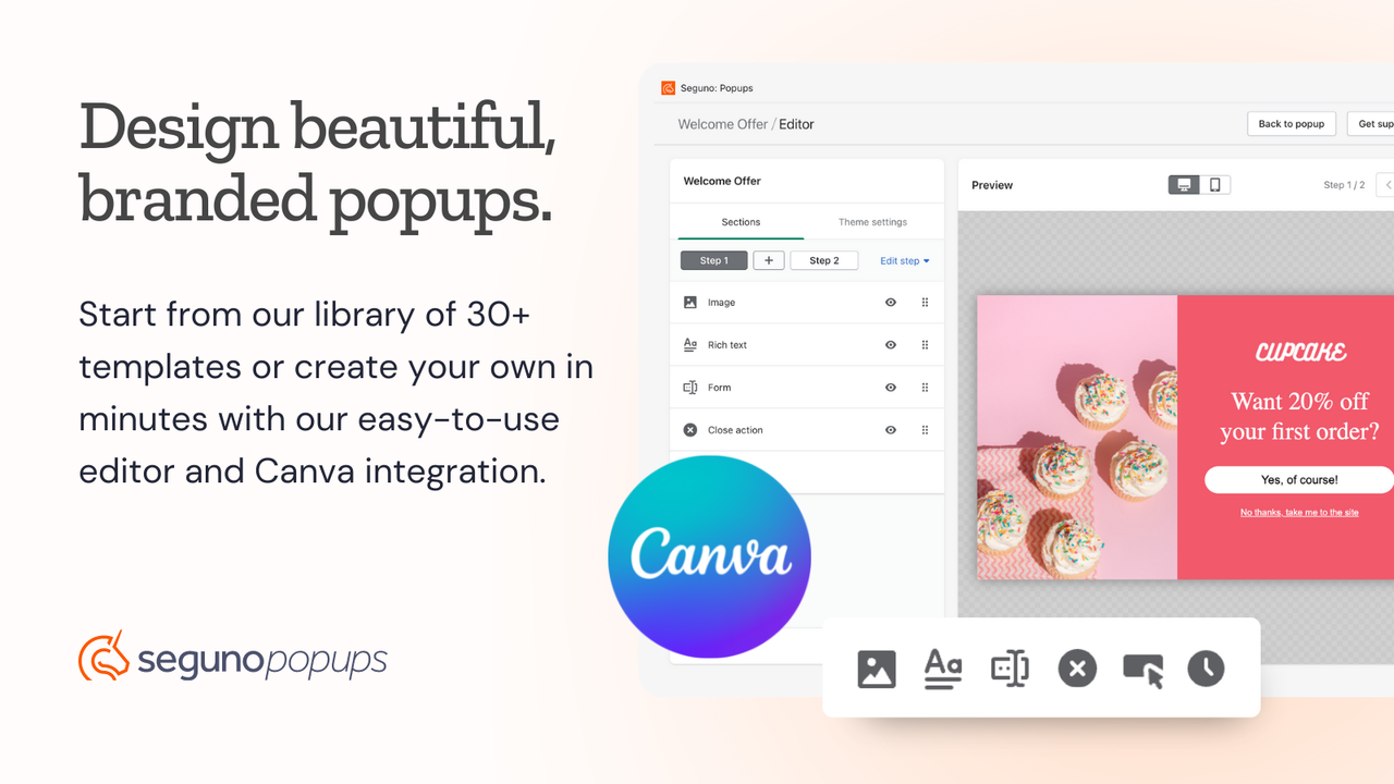 Design beautiful pop ups with templates and Canva in our editor.