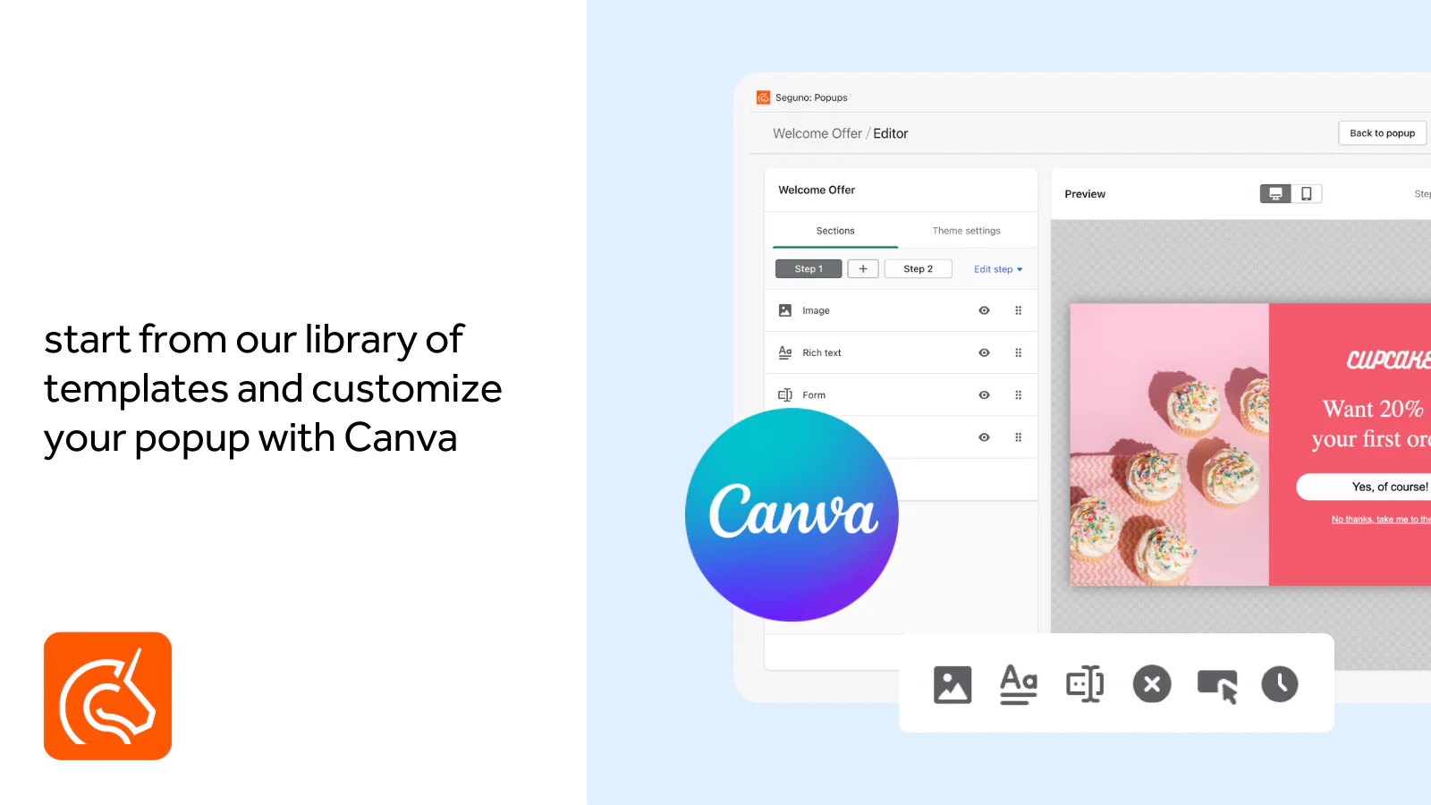 在我们的编辑器中使用模板和 Canva 设计美观的弹出窗口。