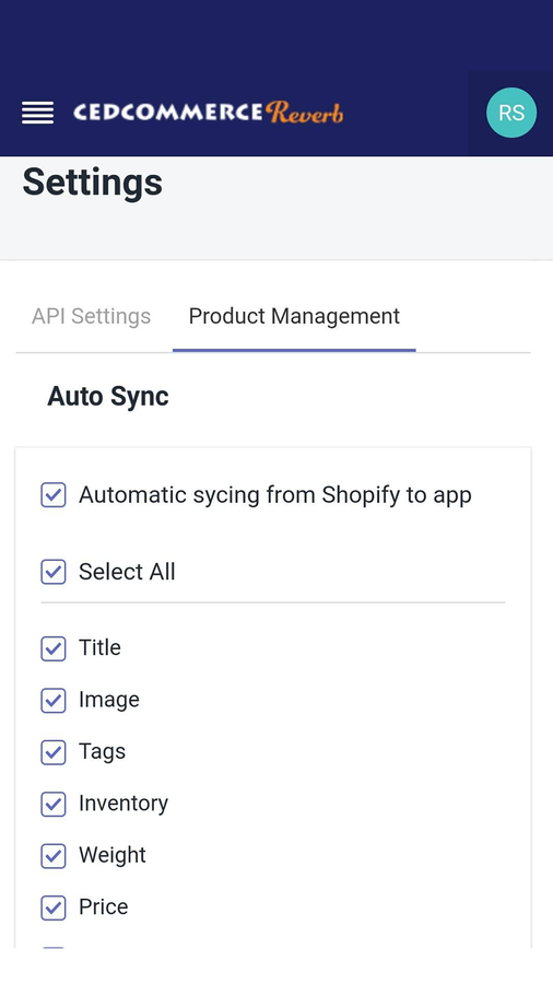 Sección de configuración en la aplicación - Vista móvil