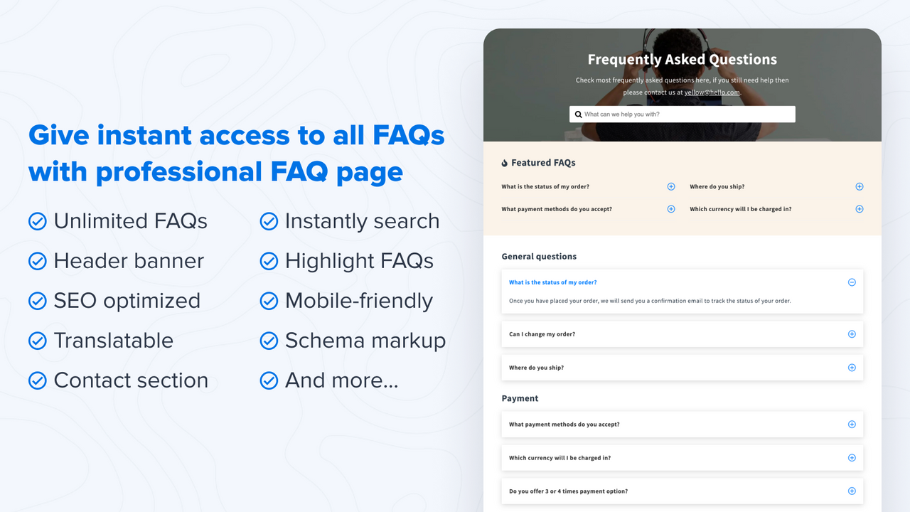 Proporciona acceso instantáneo a todas las FAQ con la página de FAQ