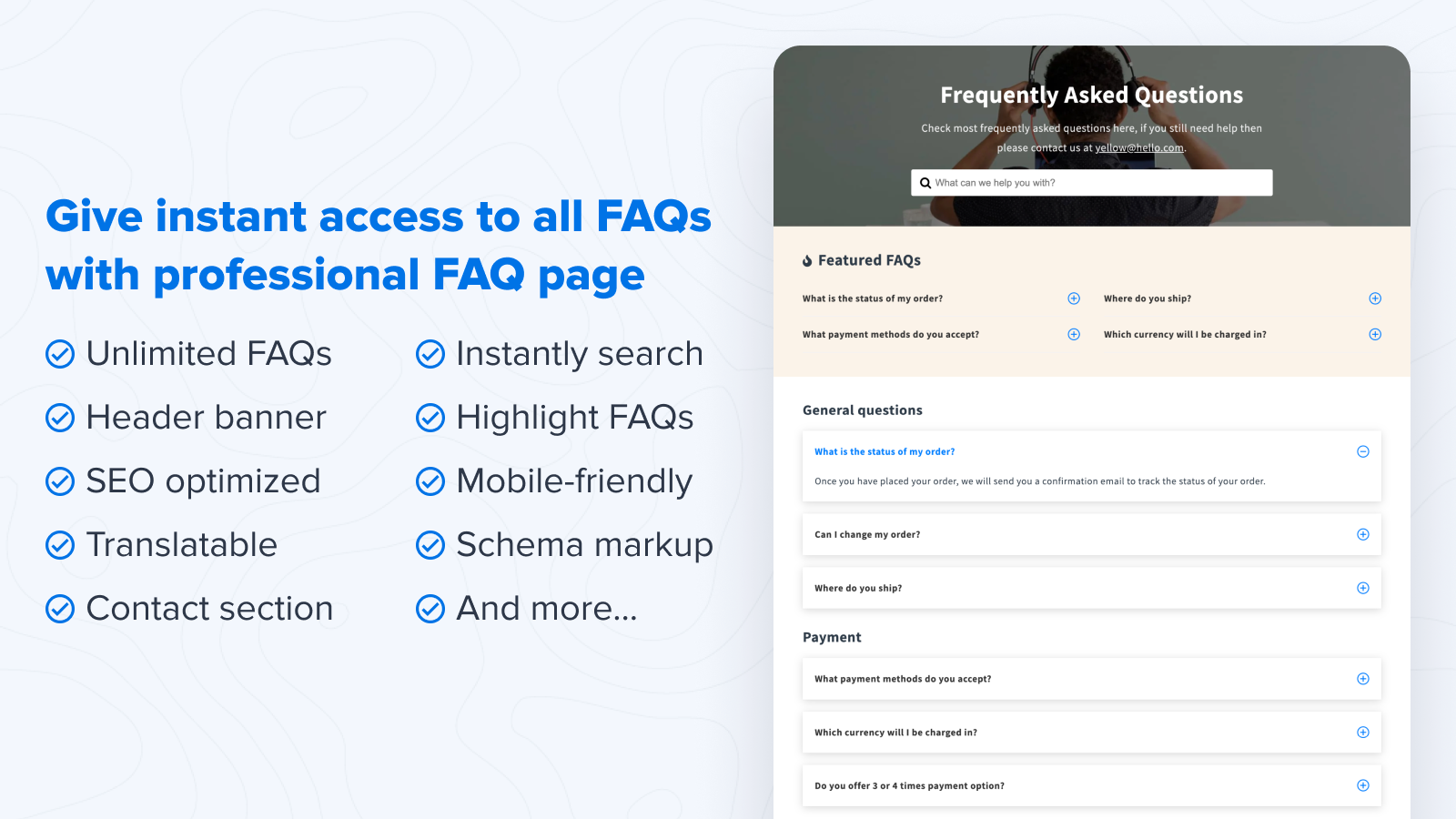 Proporciona acceso instantáneo a todas las FAQ con la página de FAQ