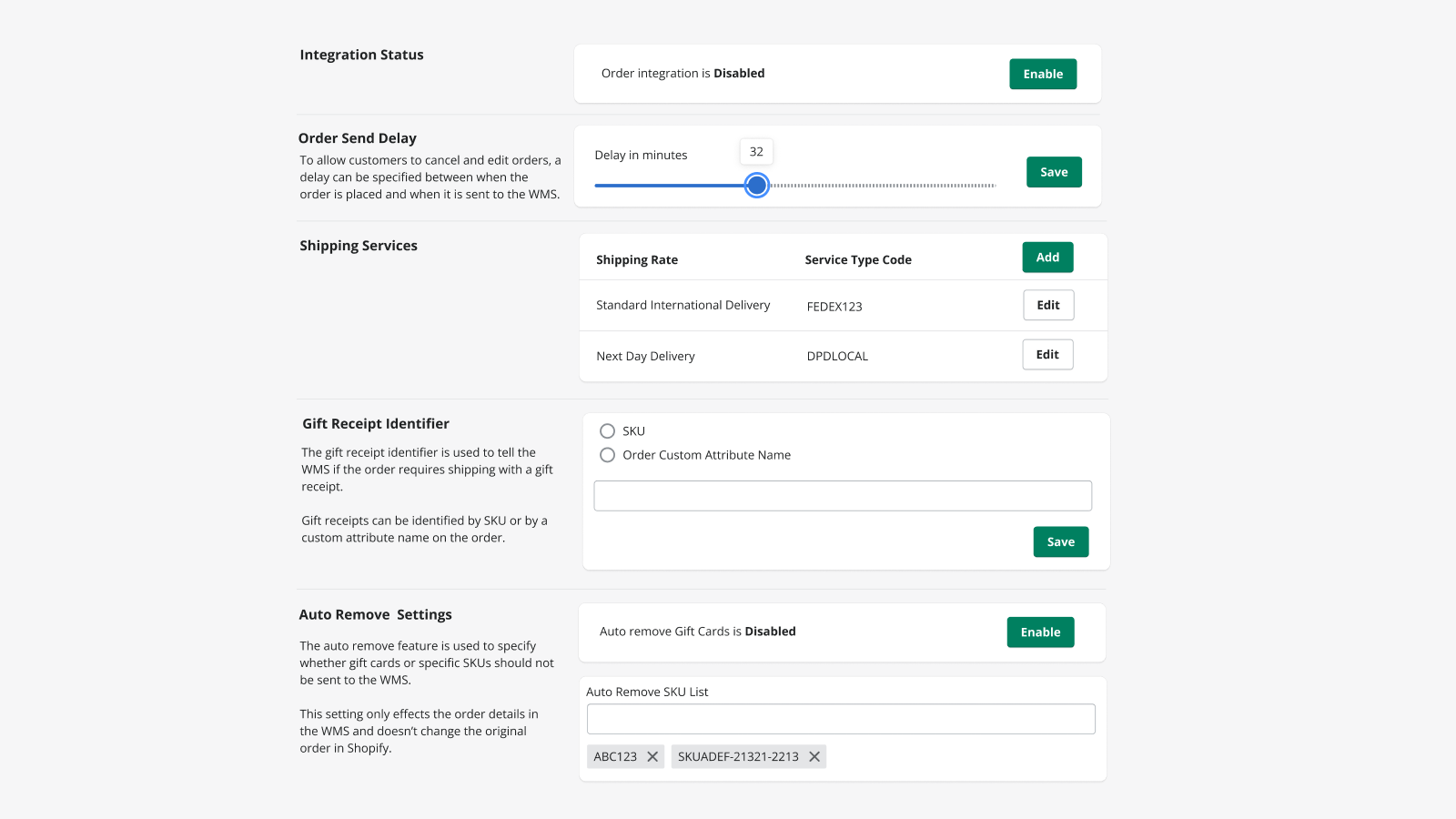 Verkooporder WMS integratie configuratie