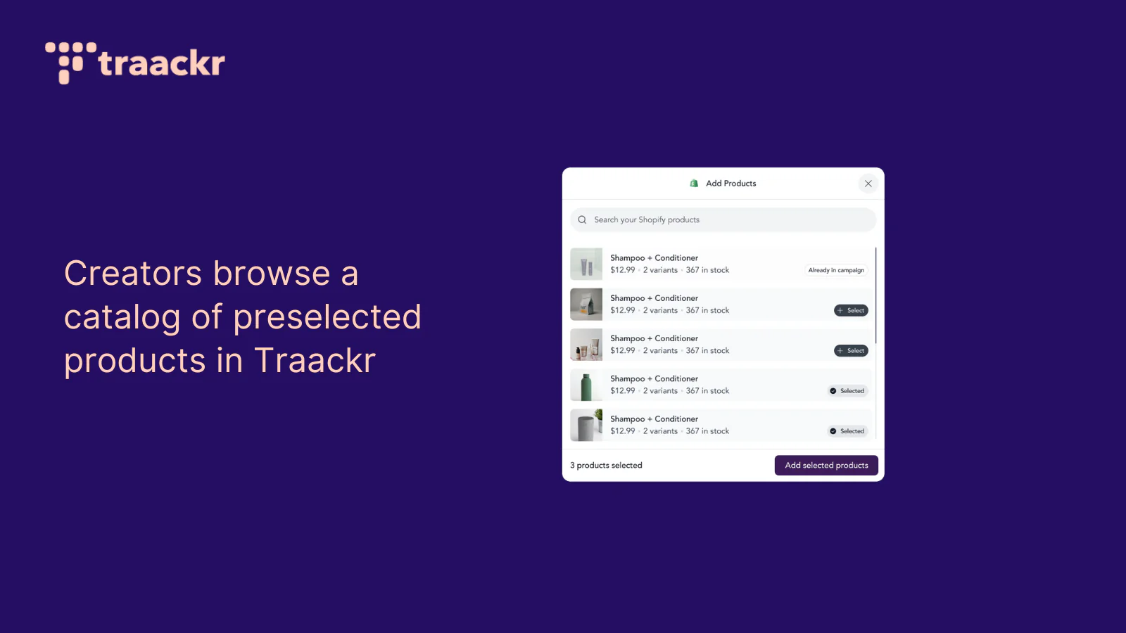 Creators bladeren door een catalogus van vooraf geselecteerde producten in Traackr