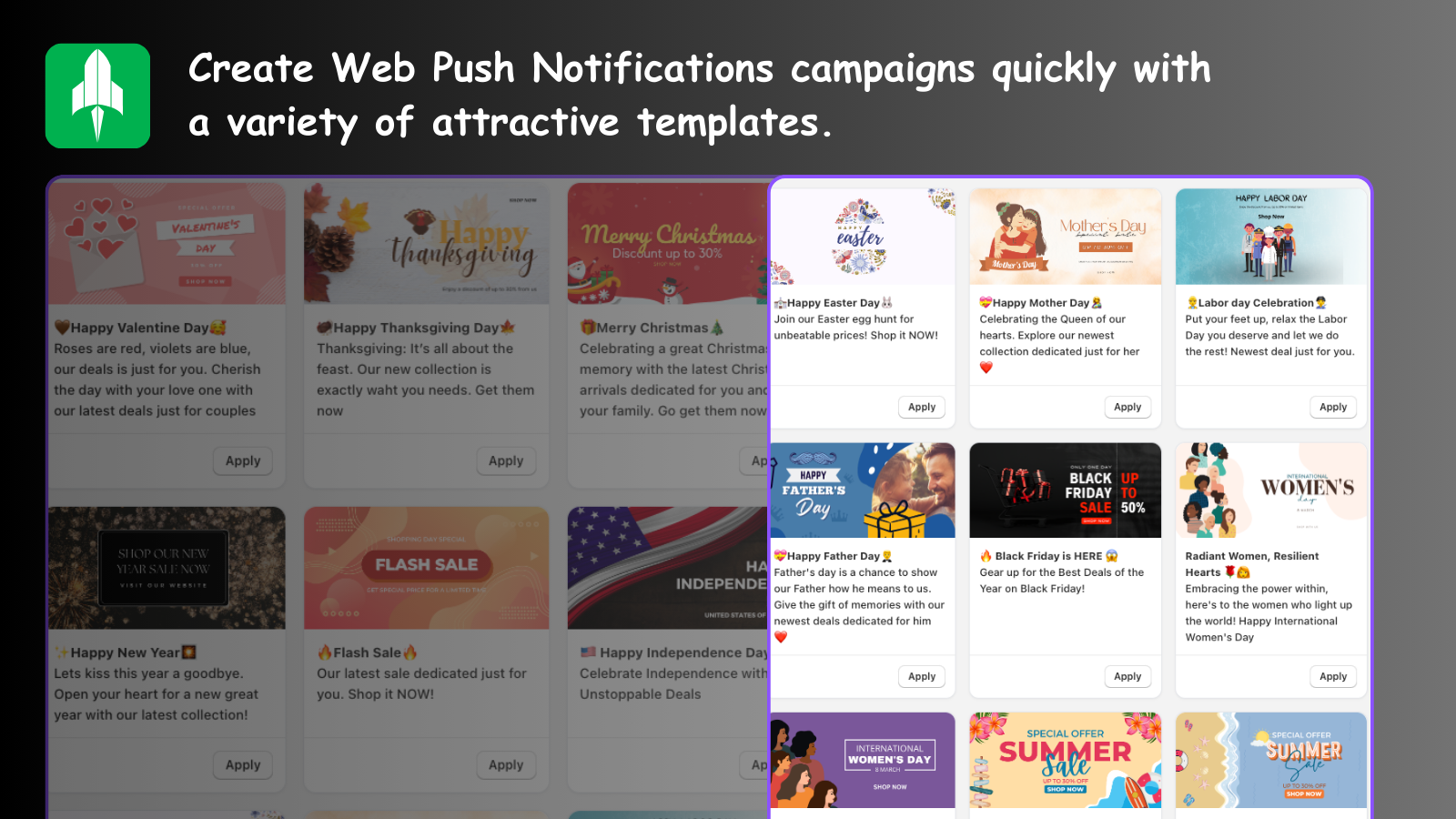 Crie campanhas de Web Push rapidamente com uma variedade de modelos