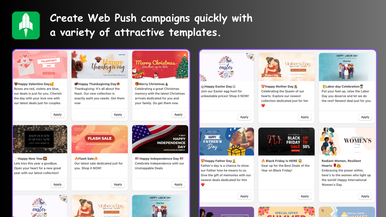 Crie campanhas Web Push rapidamente com uma variedade de modelos