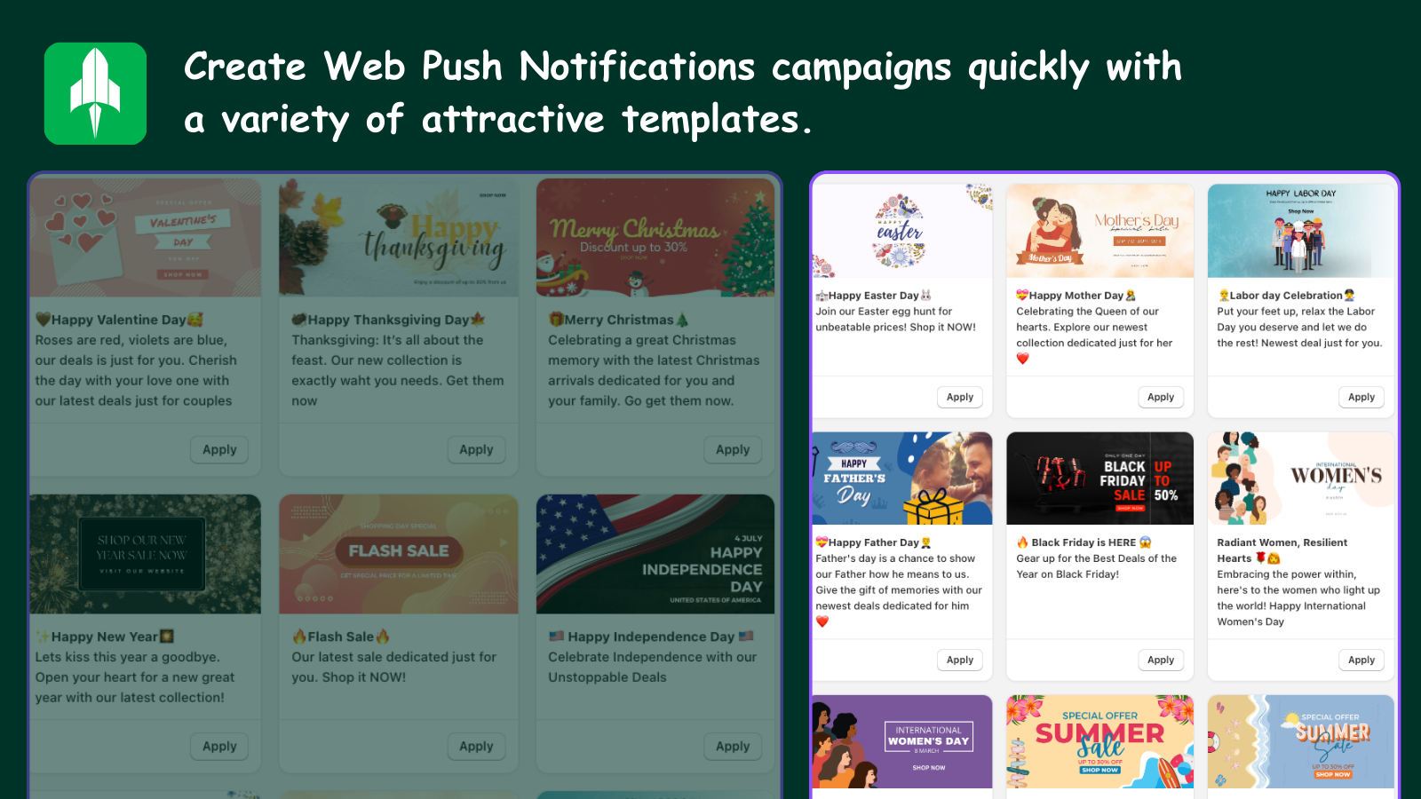 Crie campanhas de Push na Web rapidamente com uma variedade de modelos