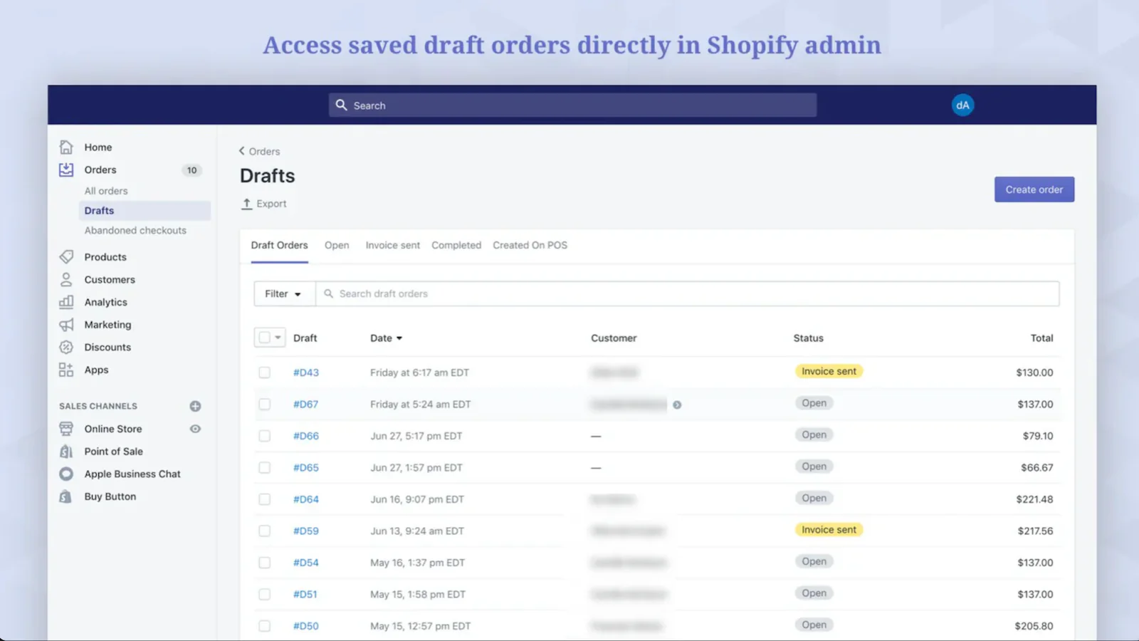 Access saved draft orders directly in Shopify admin