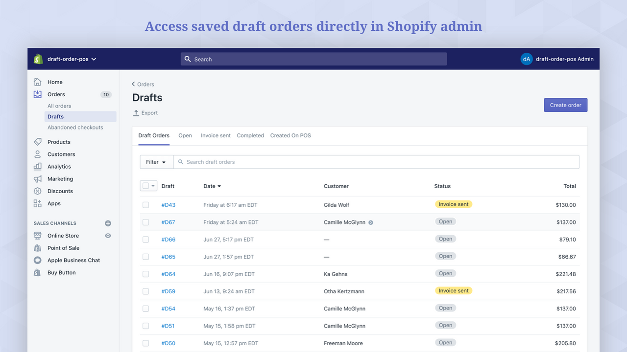 Greifen Sie direkt in Shopify Admin auf gespeicherte Entwurfsbestellungen zu