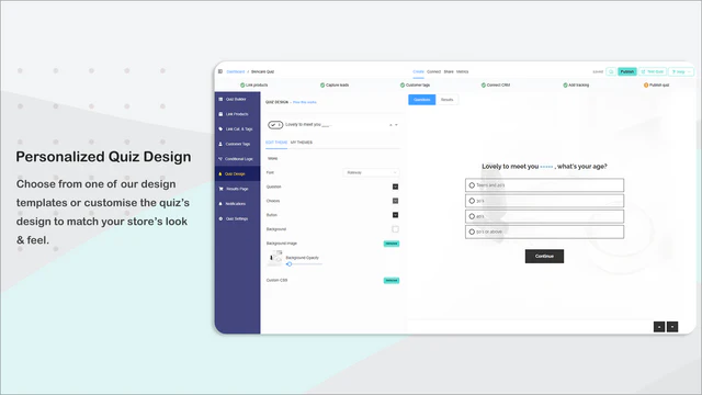 Personalize o design do quiz para combinar com a sua loja