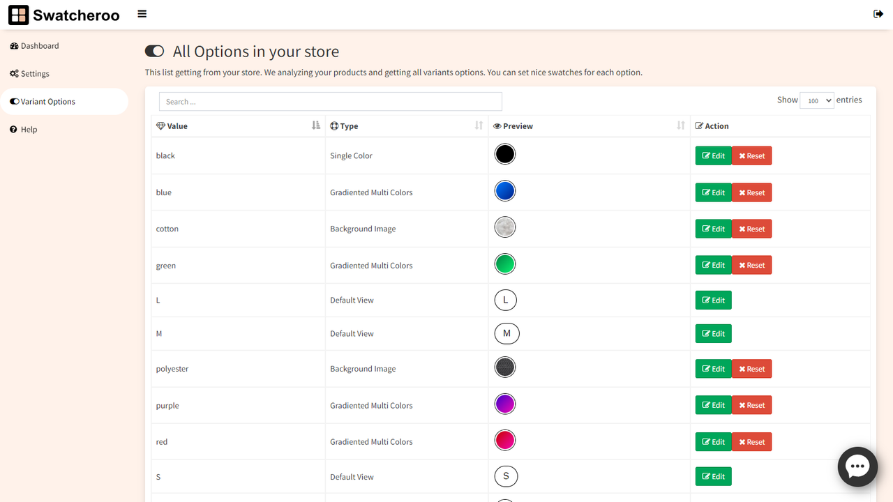 Product options editing page.