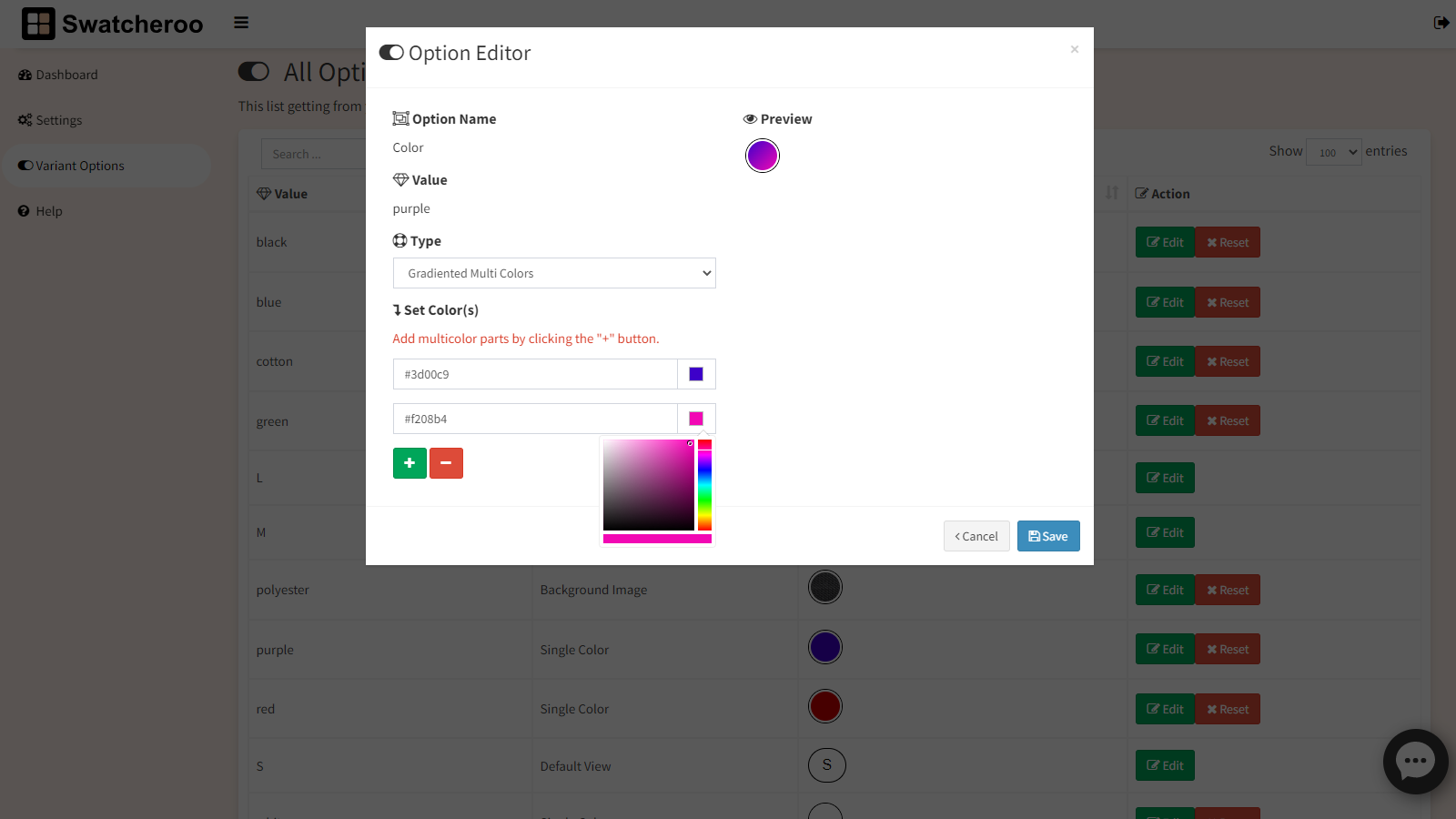 Product options editing page.