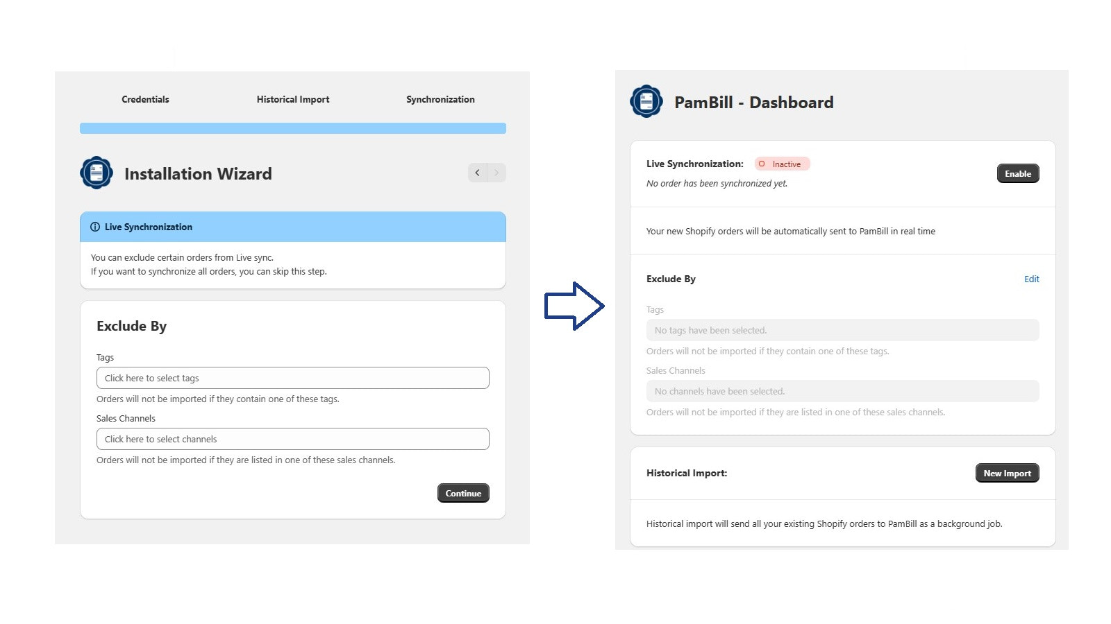 PamBill connection wizard steps 3 and 4