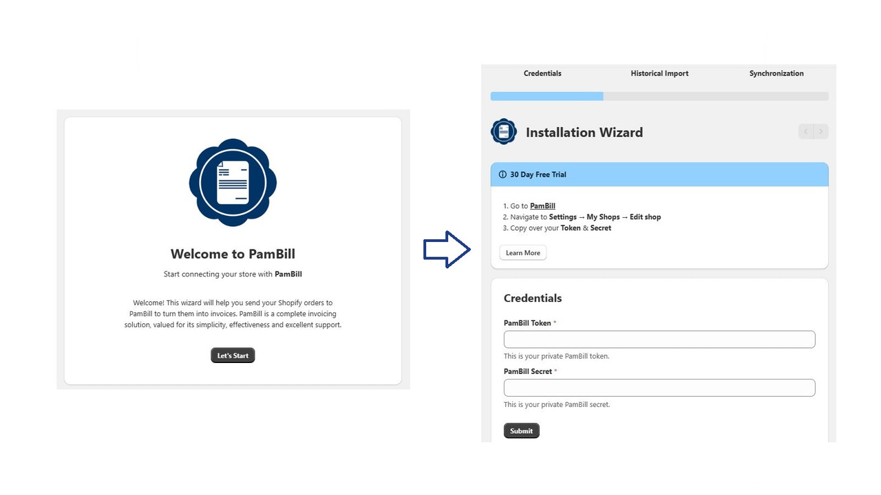 PamBill verbindingswizard stappen 1 en 2