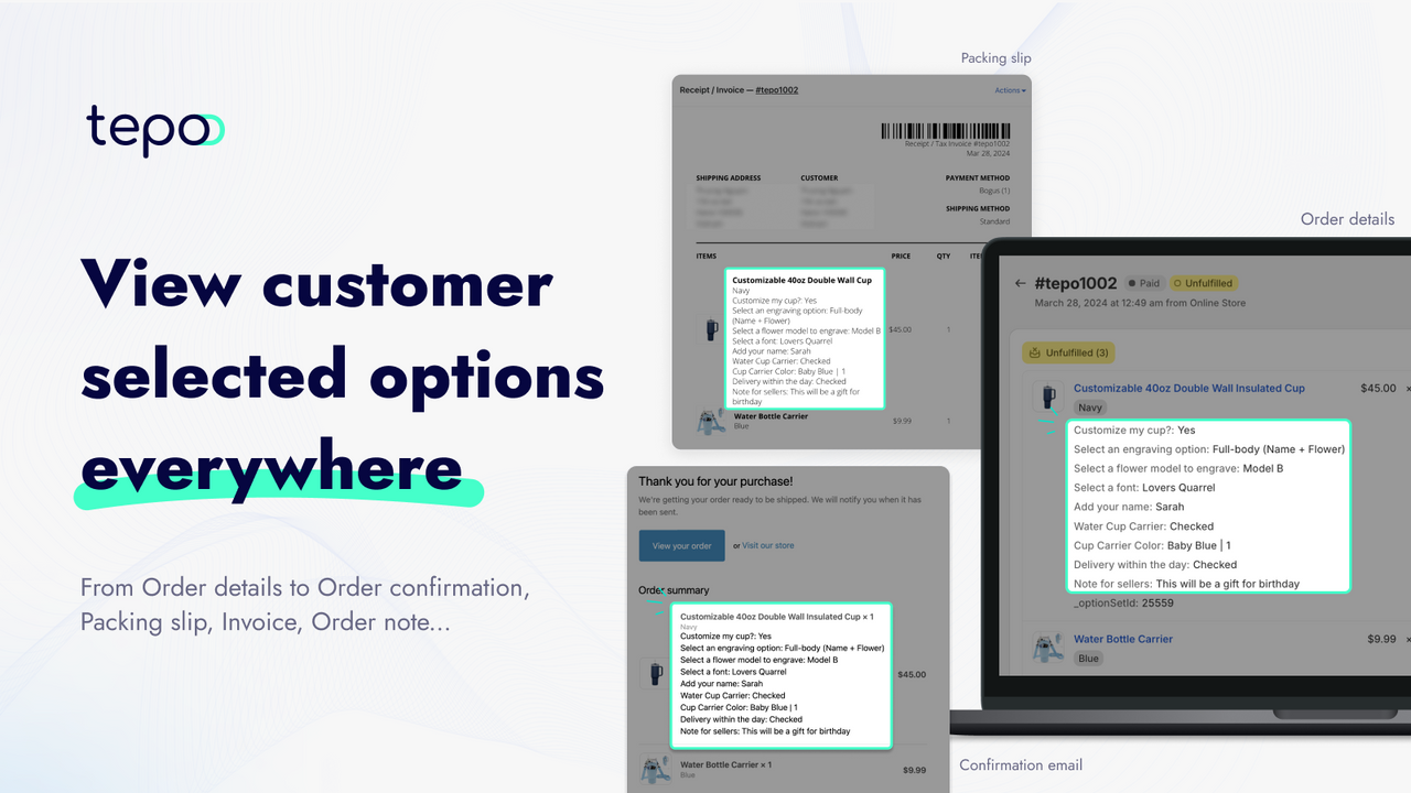 View customer selected options across order, email, invoice