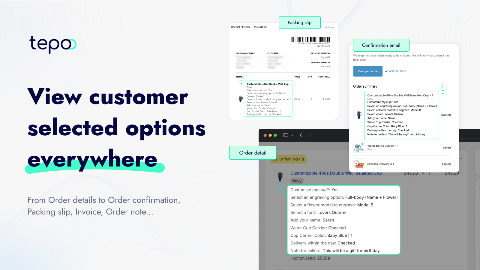 Visa kundvalda alternativ över order, e-post, faktura