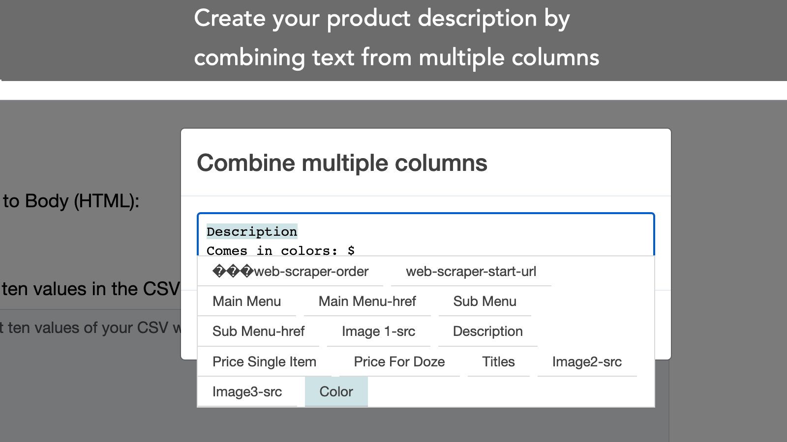 combine colunas para descrição