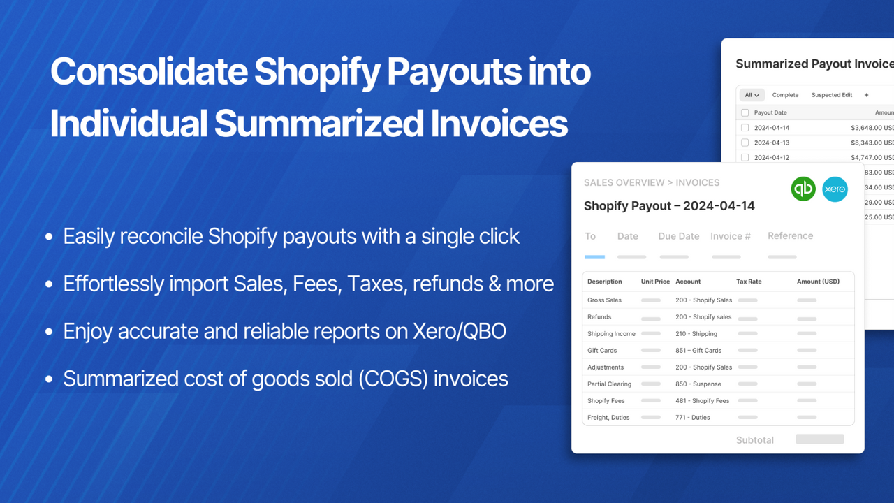 Consolidate shopify payouts into individual summarized invoices
