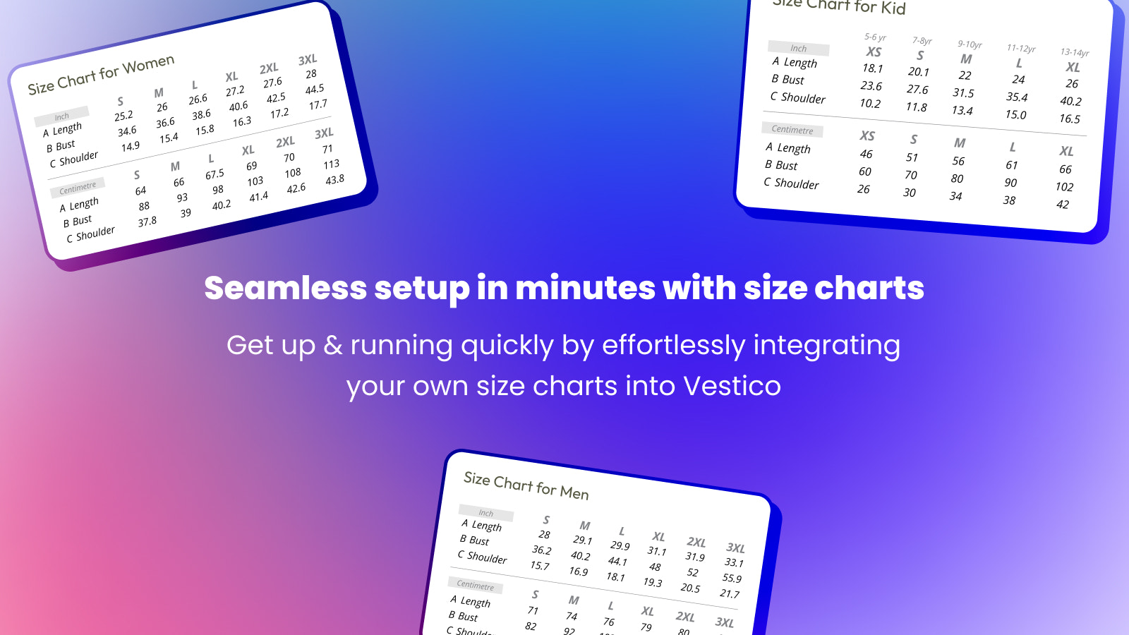 Configuración sin problemas en minutos con tablas de tallas