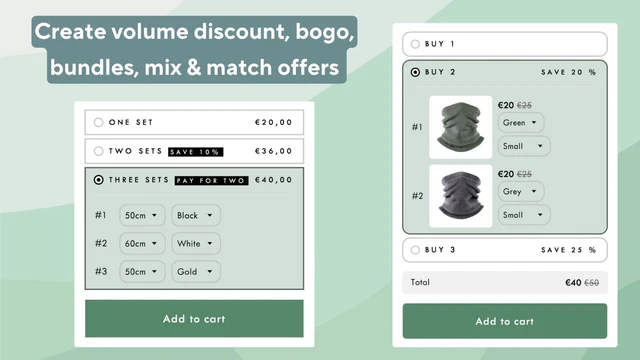 Bundles, volume discount and quantity breaks, bogo