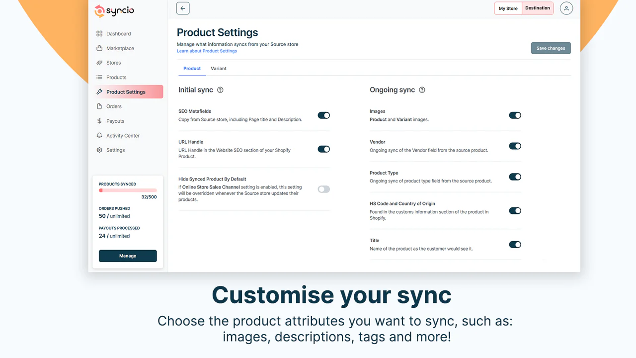 capture d'écran de l'application syncio montrant les paramètres de synchronisation de champ de produit personnalisé