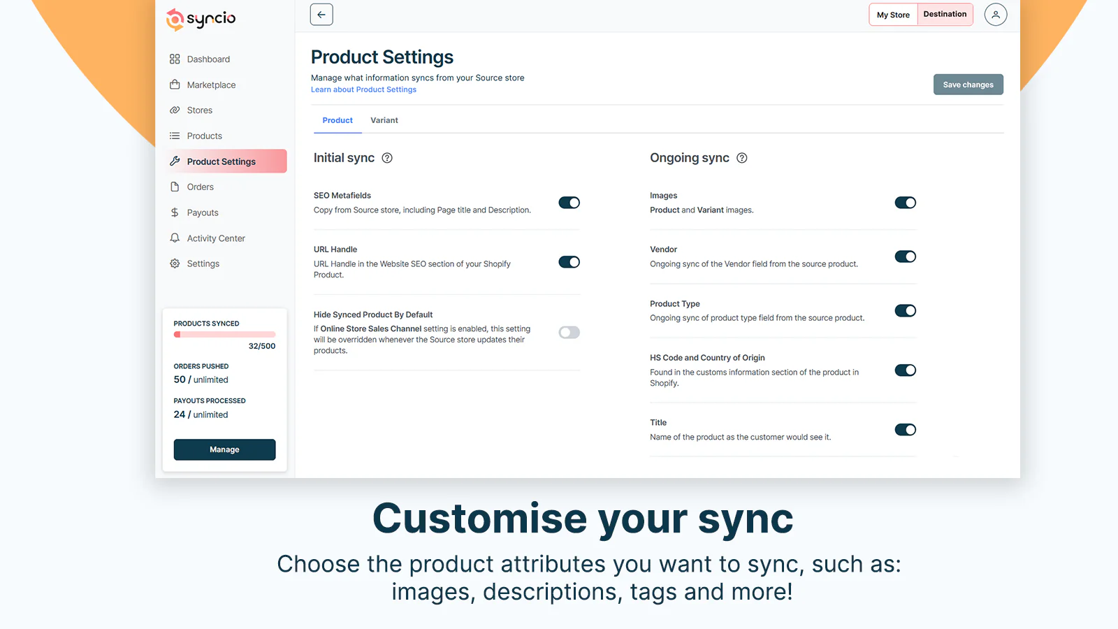 syncio app screenshot showing custom product field sync settings