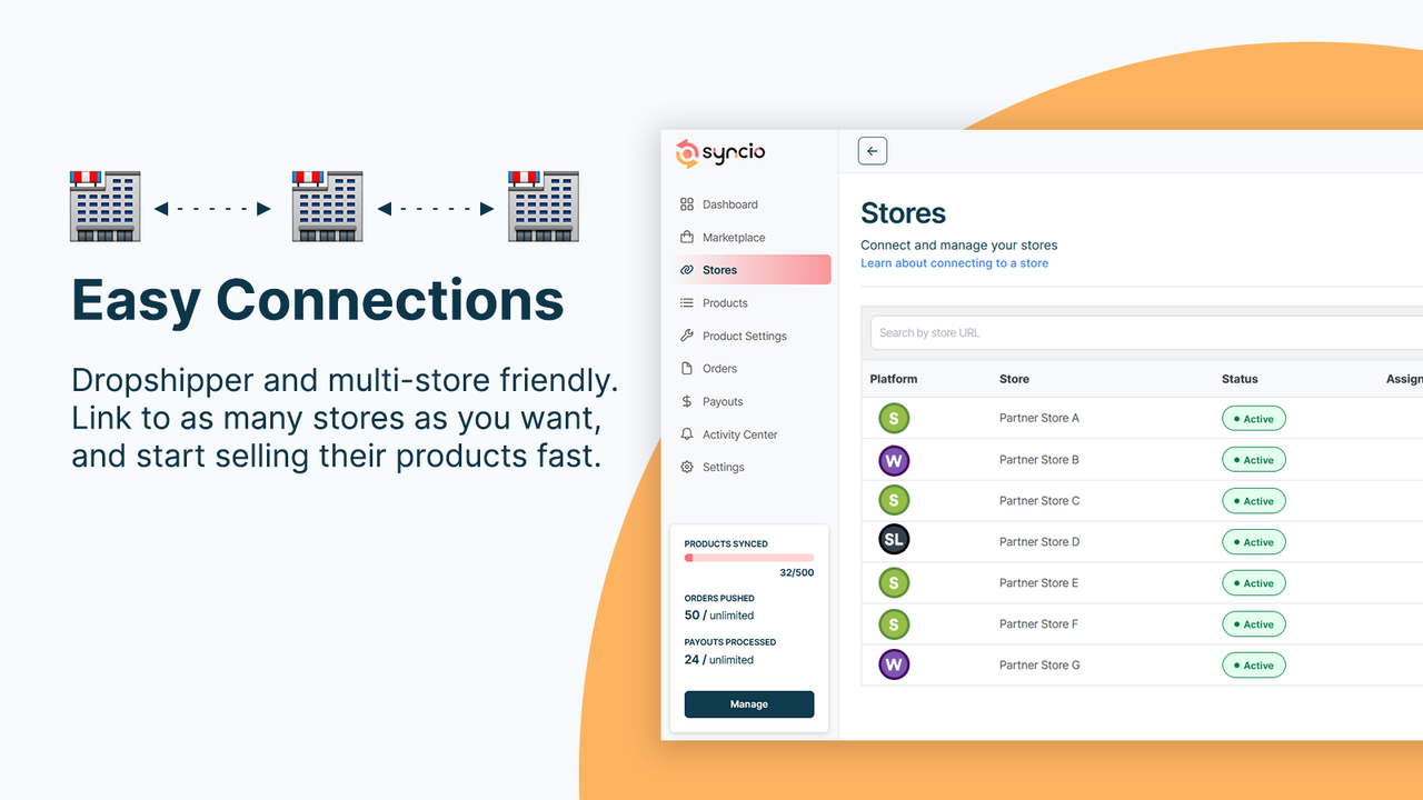 syncio app screenshot viser tabel over forbundne online butikker