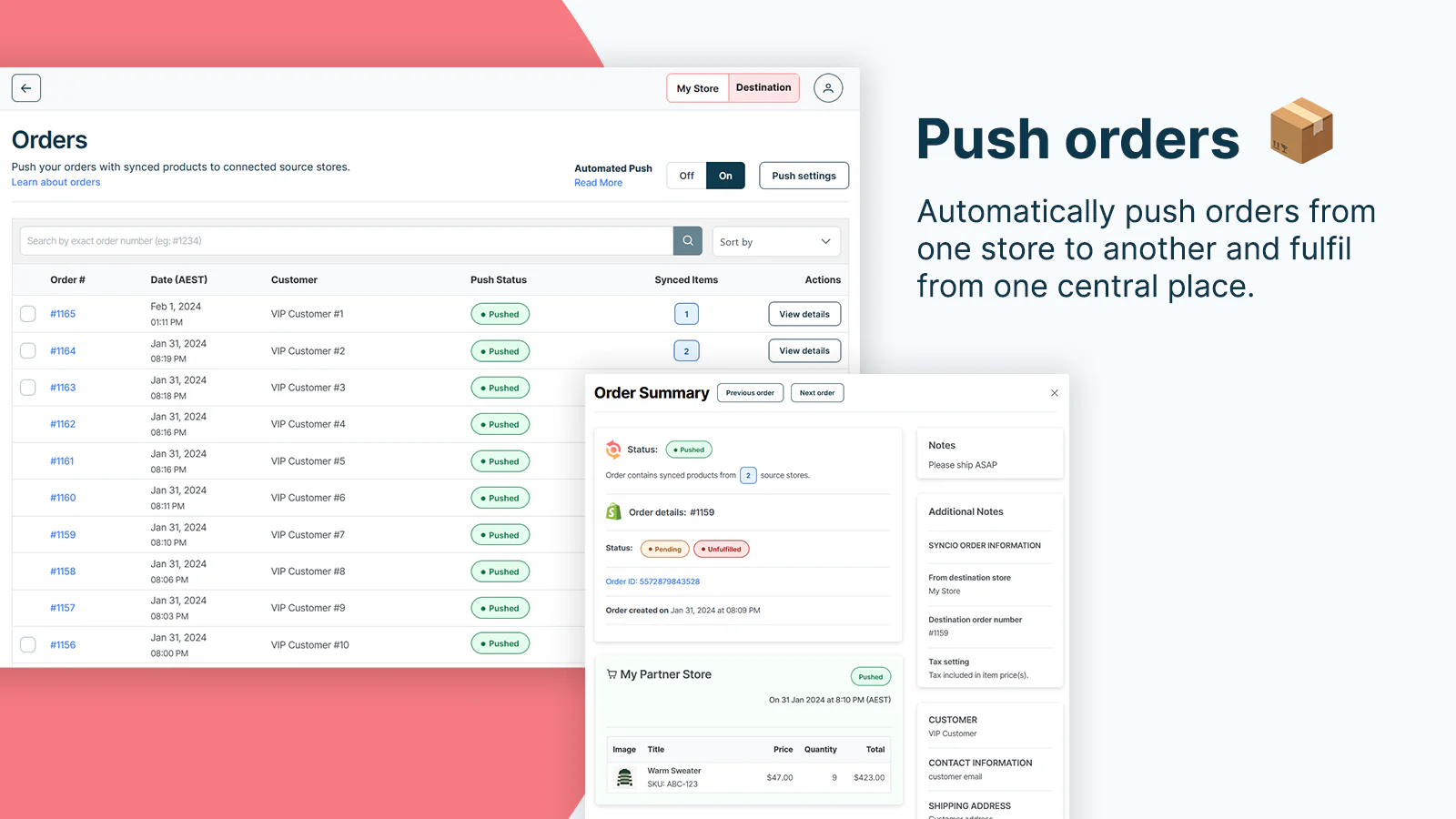 syncio app screenshot showing push orders synced across stores