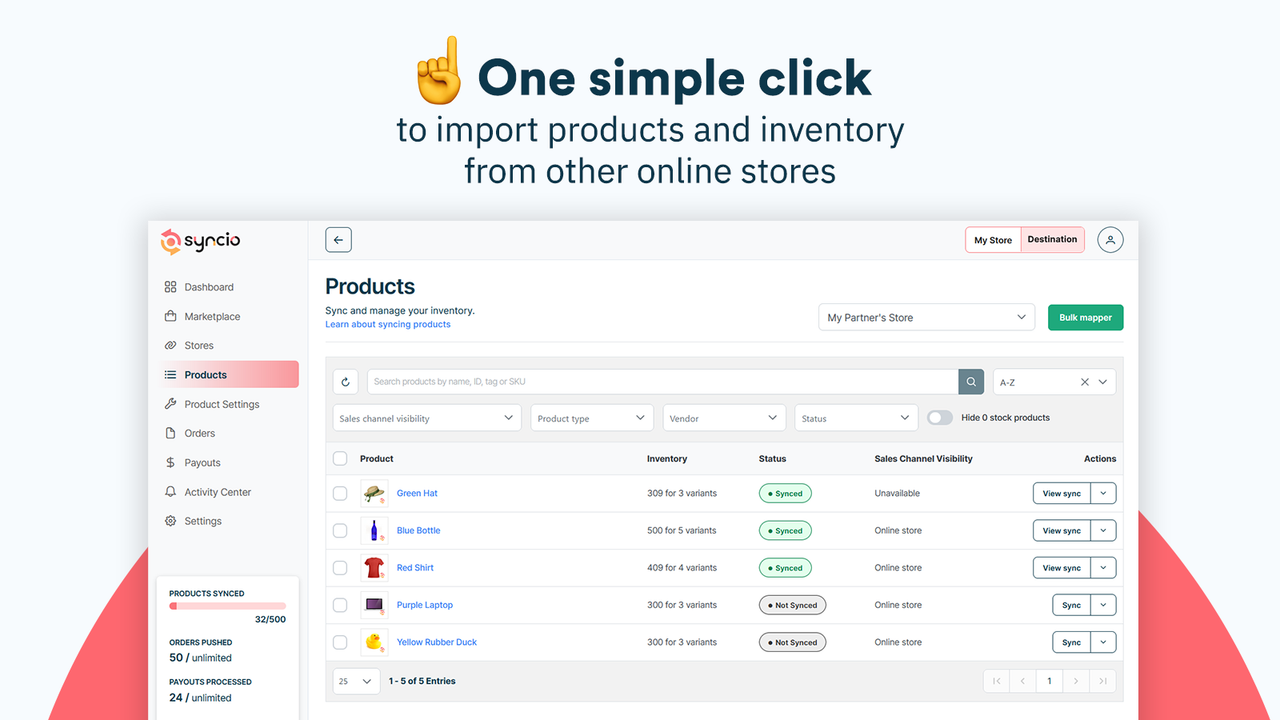 syncio app screenshot toont tabel van producten voor eenvoudige import