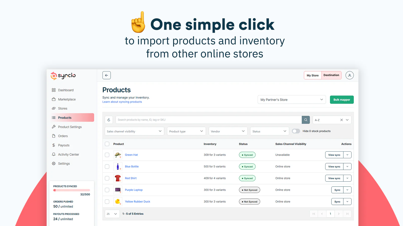 syncio app screenshot showing table of products for easy import