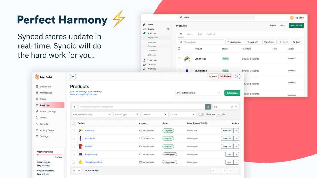 captura de tela do aplicativo syncio mostrando produtos sincronizados para a loja Shopify