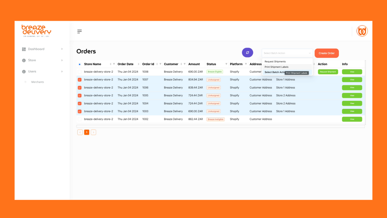 Breaze Delivery Portal bulk order operations