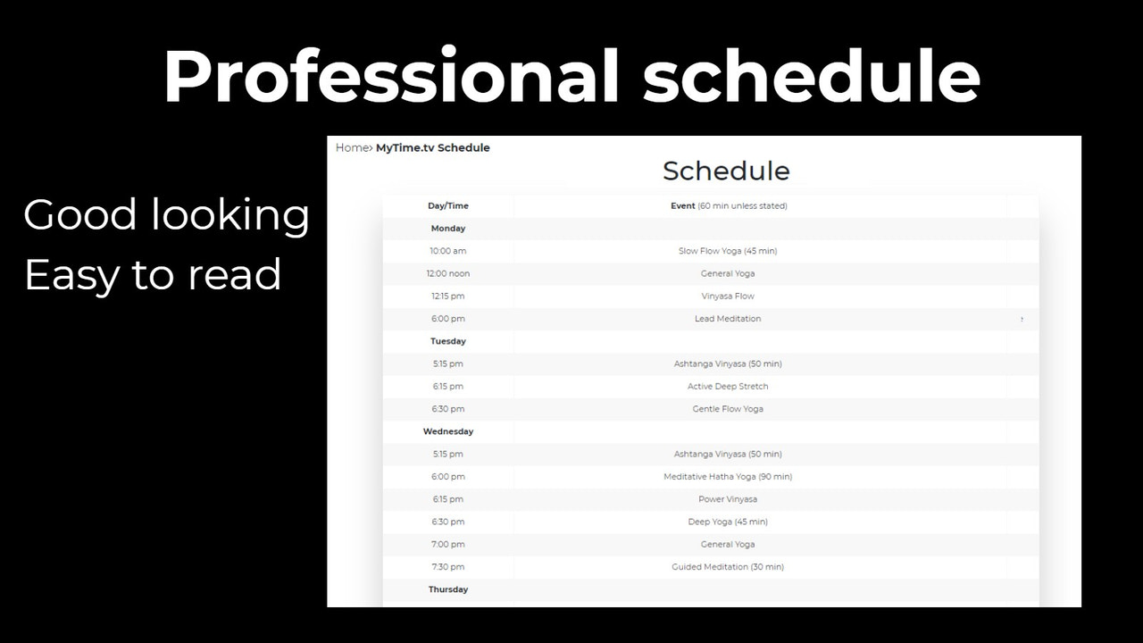 Cronograma do aplicativo Timetable para aulas de yoga, pilates, academia