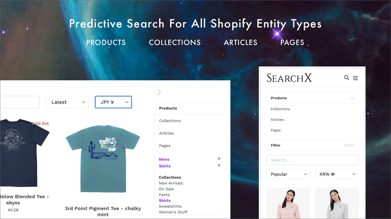 Shopify vorausschauende Suchkollektionen, Artikel, Seiten