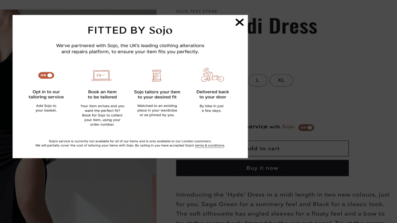 Imagem pop-up explicando o serviço SOJO Tailoring