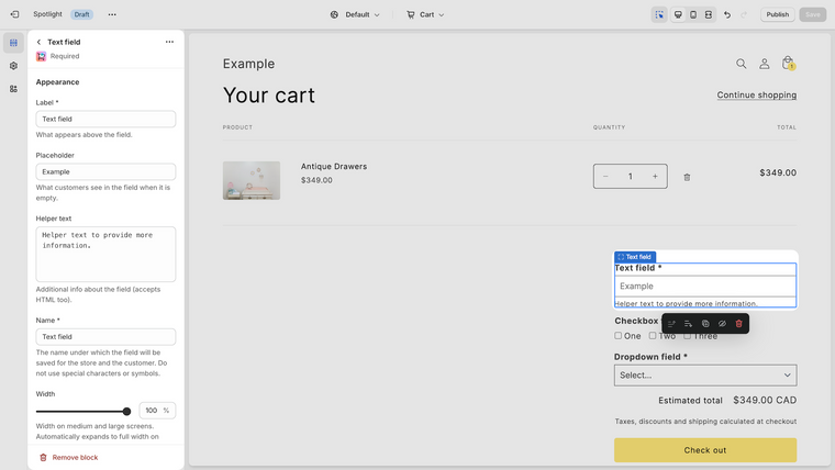 Required: Cart page fields Screenshot