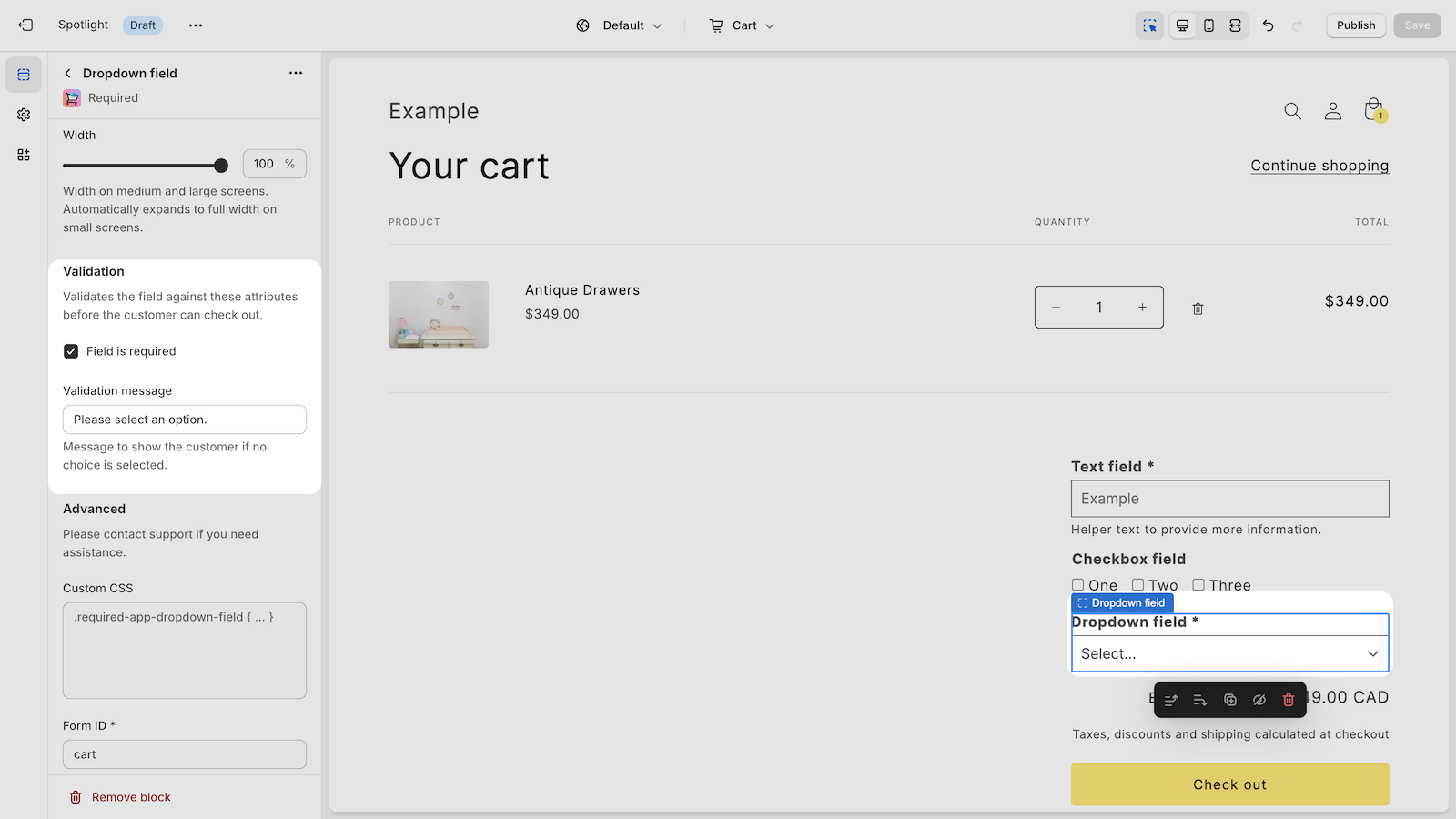 Required: Cart page fields Screenshot