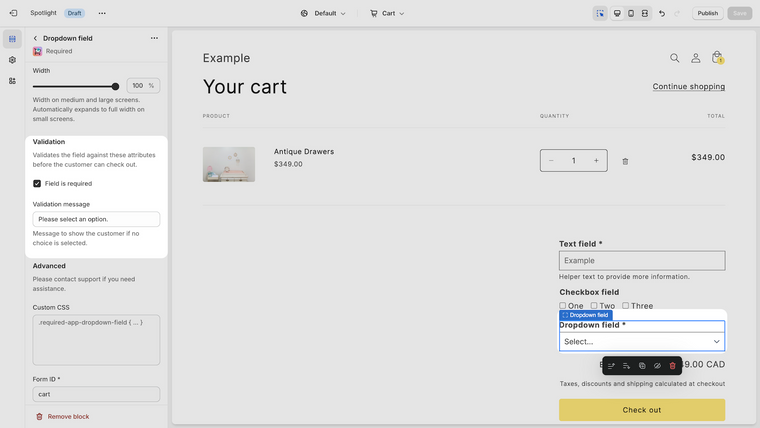 Required: Cart page fields Screenshot